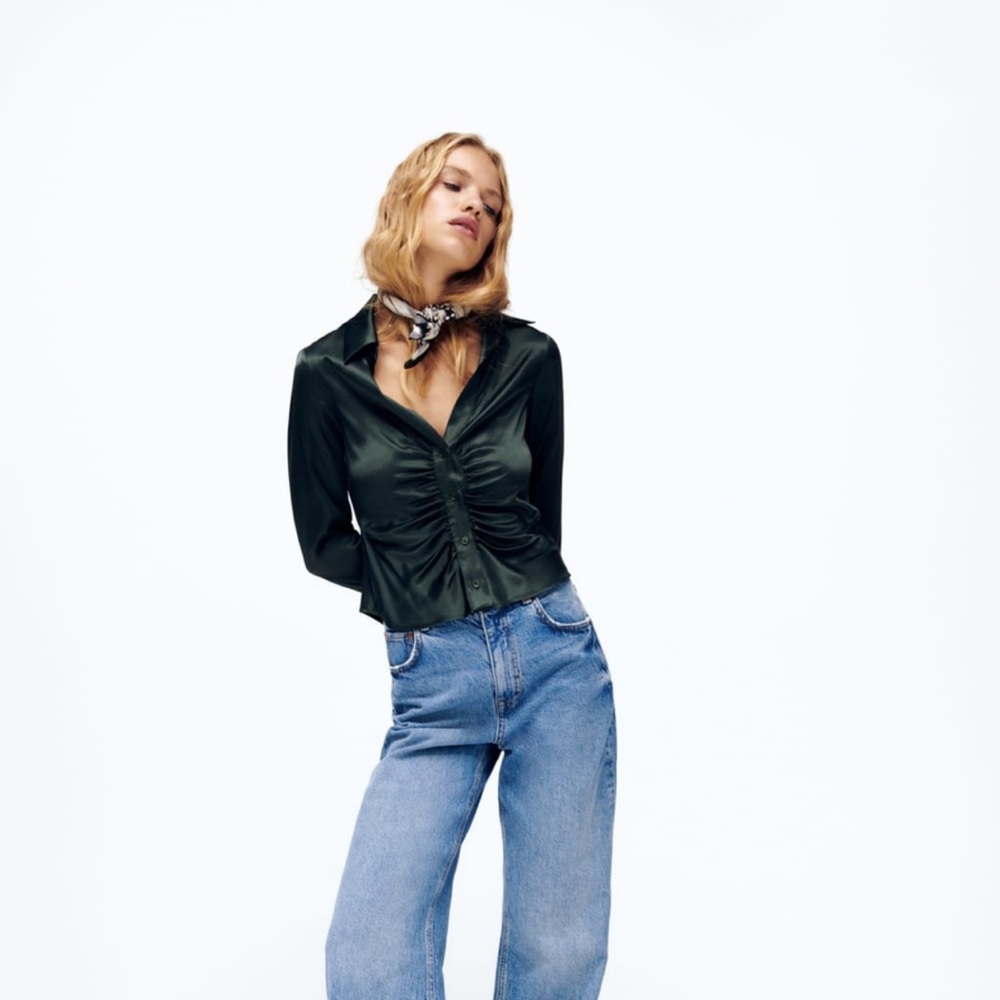 Zara Pleated Satin Effect Shirt (Bottle Green)